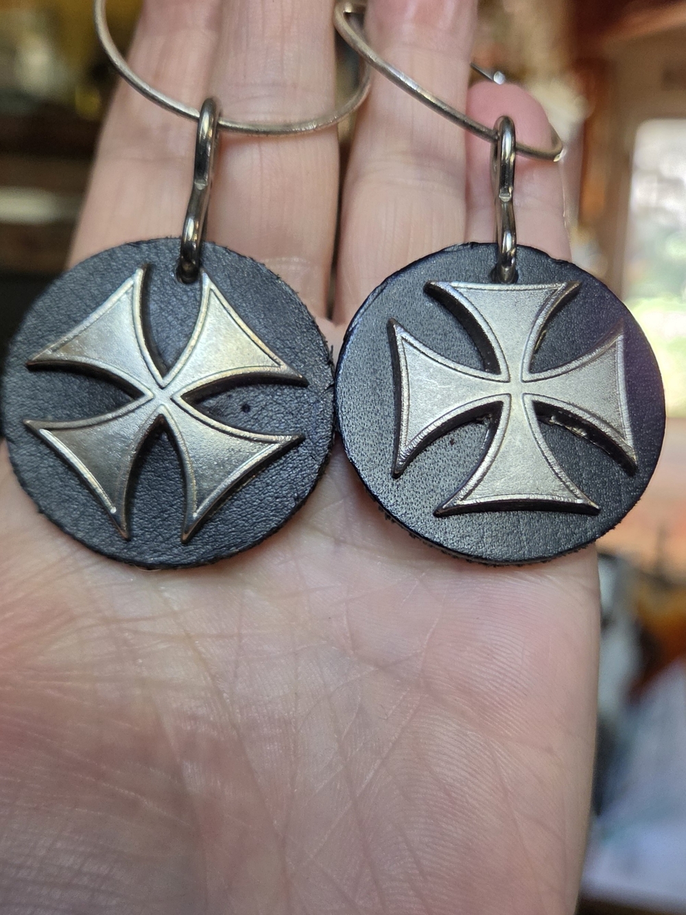 Black Leather Drop Earrings with Silver Cross Emblem